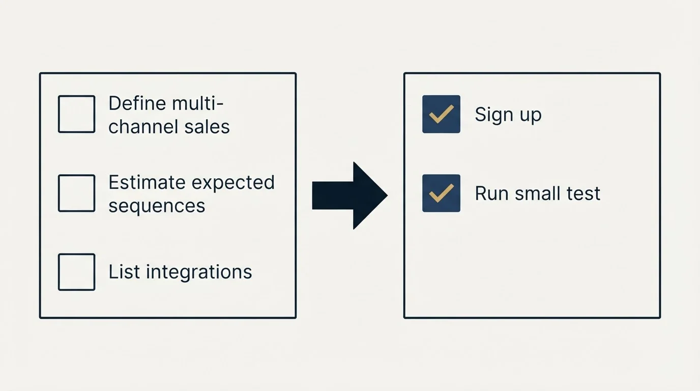 Before-and-after steps: Getting Started Checklist (Define multi-channel sales, Estimate expected sequences, List integrations, Sign up)
