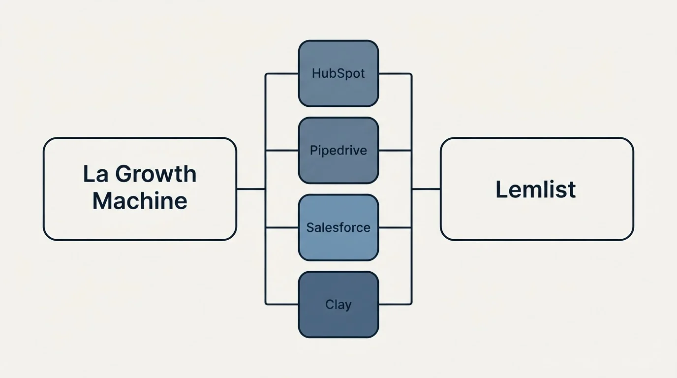 Integration flow: Integration Ecosystem (La Growth Machine, Lemlist, HubSpot, Pipedrive)
