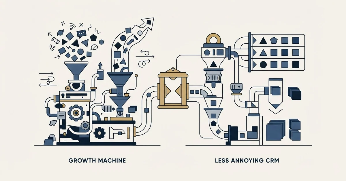 Editorial illustration for La Growth Machine vs Less Annoying CRM