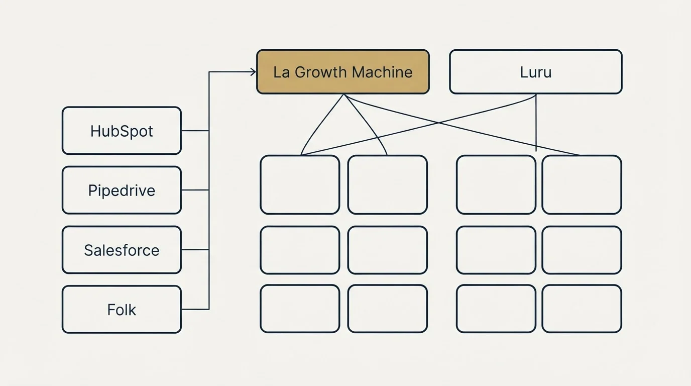 Integration grid: Integration Ecosystem (La Growth Machine, Luru, HubSpot, Pipedrive)