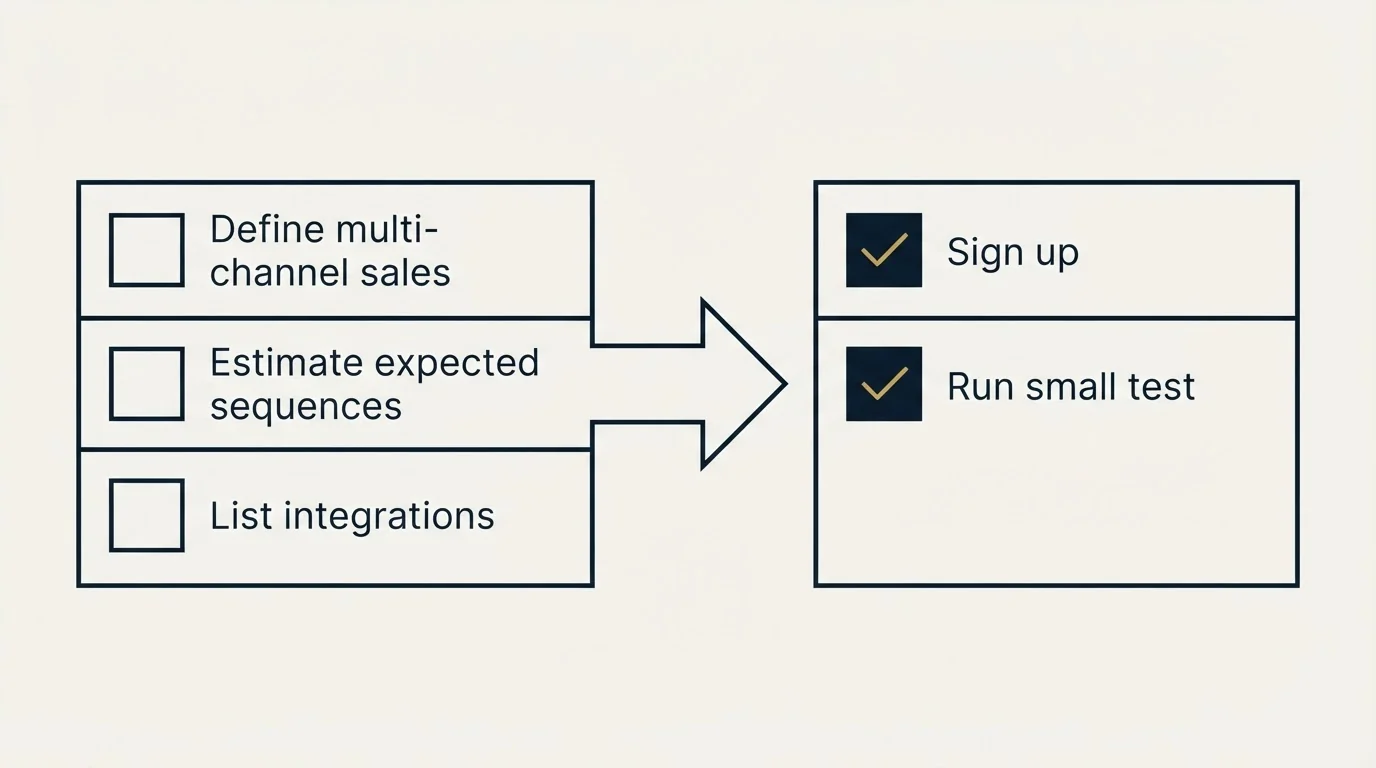 Before-and-after steps: Getting Started Checklist (Define multi-channel sales, Estimate expected sequences, List integrations, Sign up)