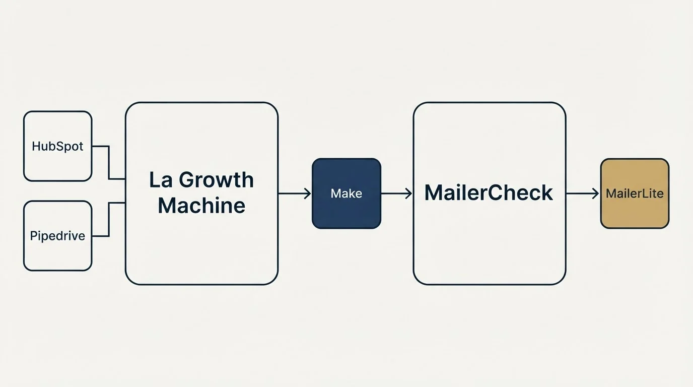Integration flow: Integration Ecosystem (La Growth Machine, MailerCheck, Make, HubSpot)
