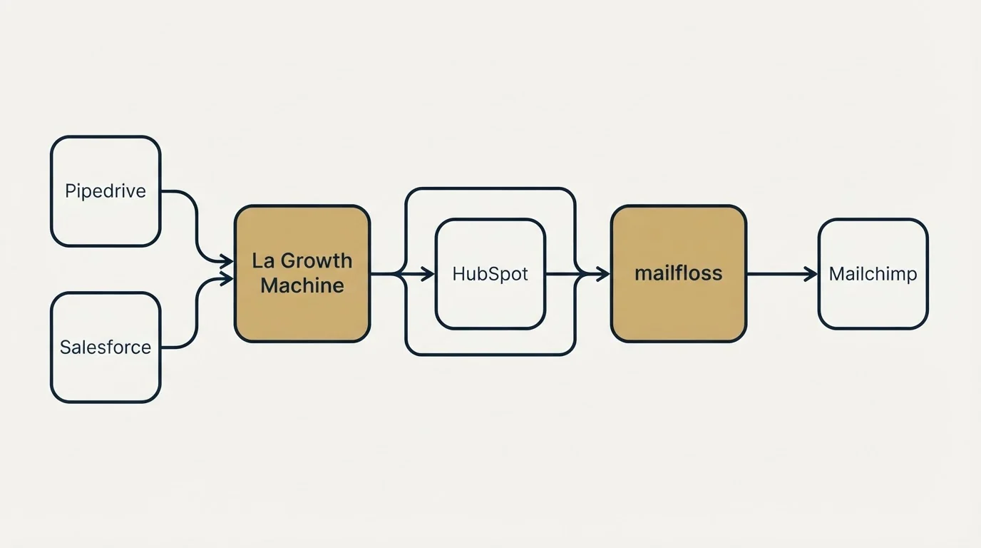 Integration schematic: Integration Ecosystem (La Growth Machine, mailfloss, HubSpot, Pipedrive)