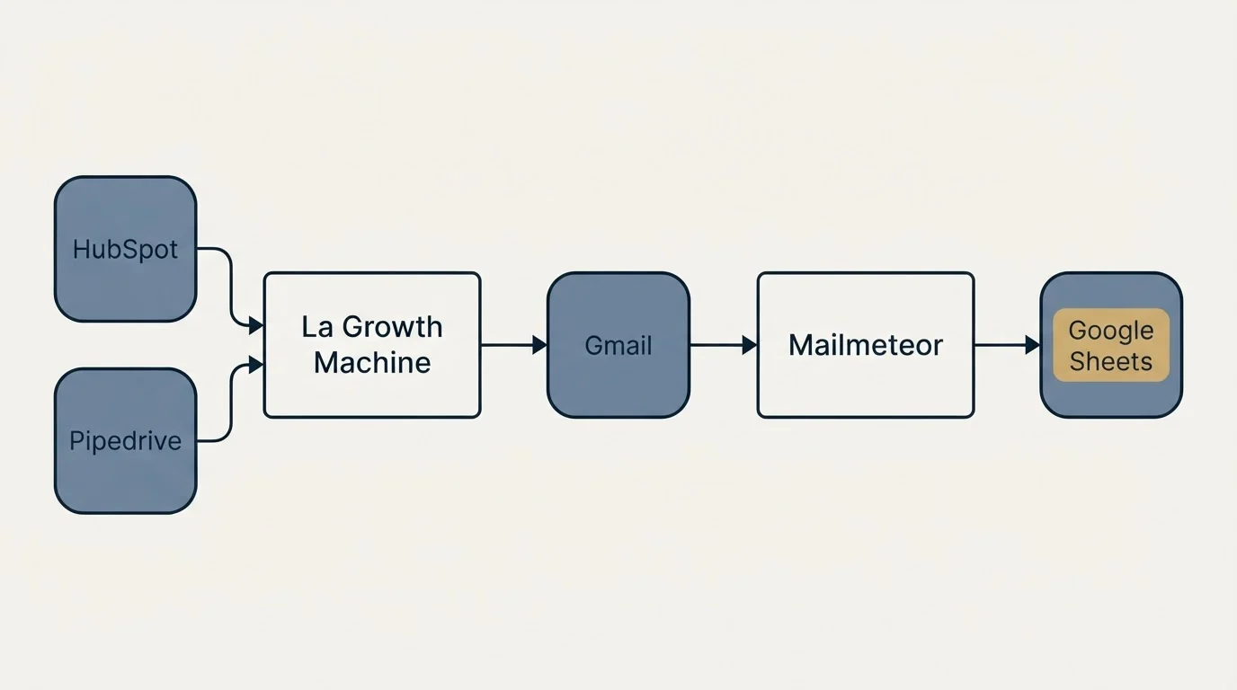 Integration flow: Integration Ecosystem (La Growth Machine, Mailmeteor, Gmail, HubSpot)