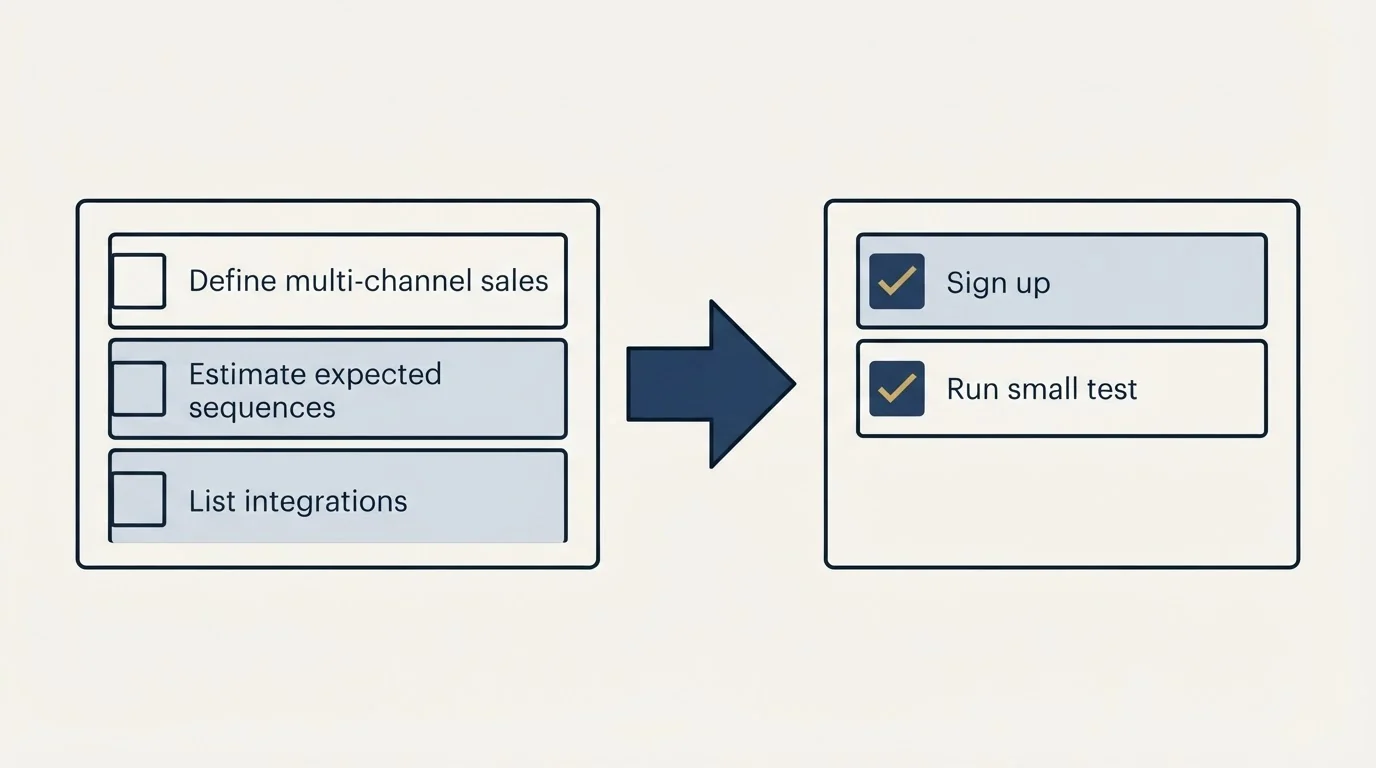 Before-and-after steps: Getting Started Checklist (Define multi-channel sales, Estimate expected sequences, List integrations, Sign up)