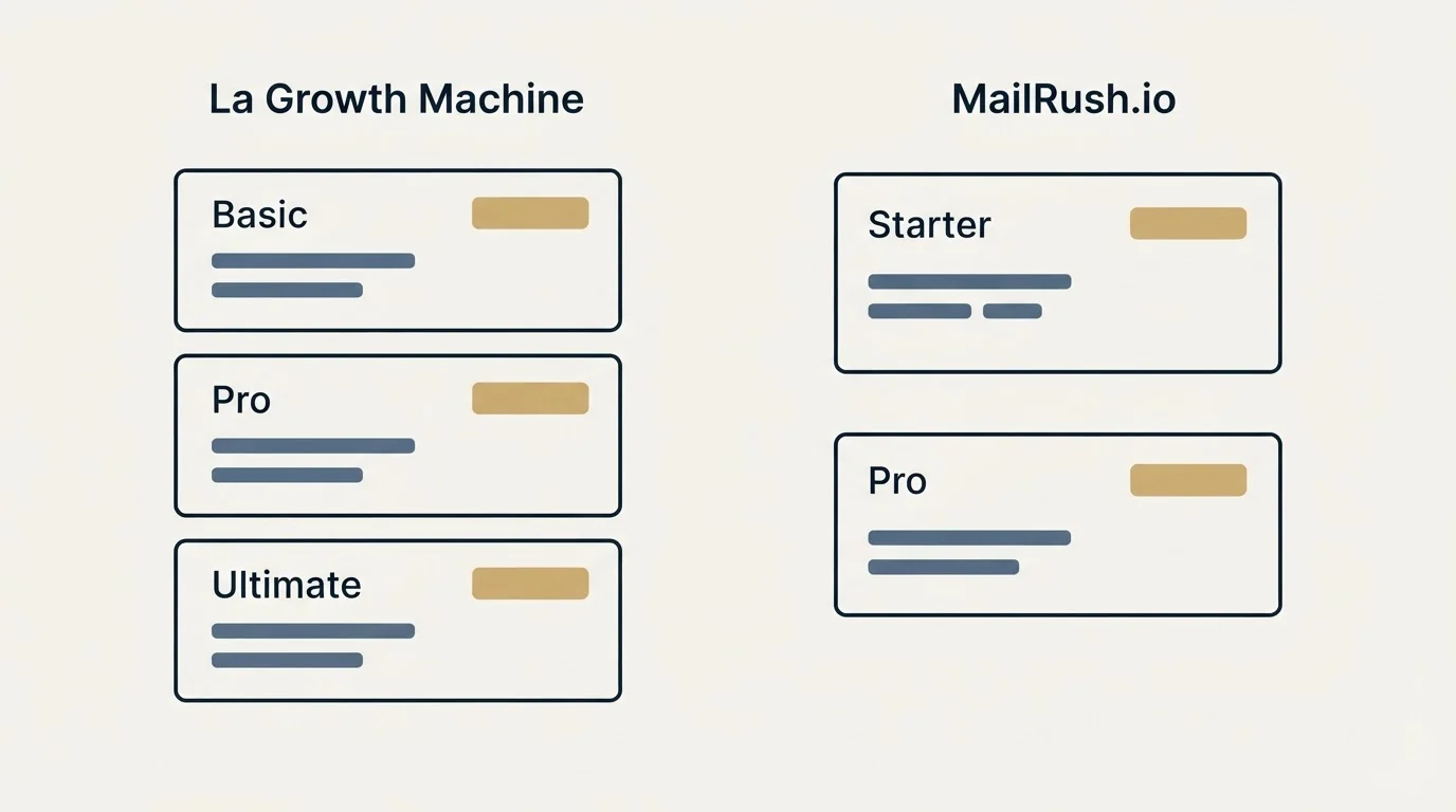 Pricing panels: Pricing Comparison (La Growth Machine, MailRush.io, Basic, Starter)