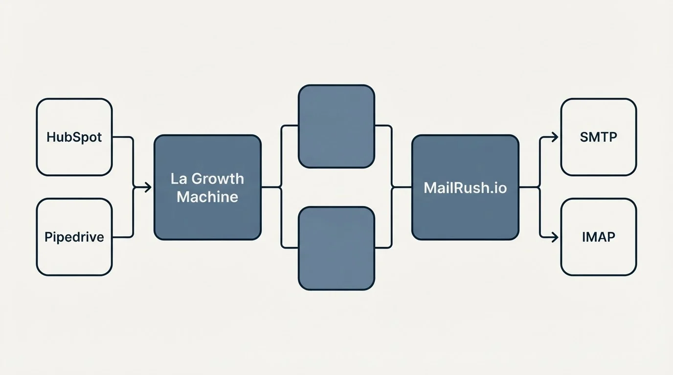 Integration flow: Integration Ecosystem (La Growth Machine, MailRush.io, HubSpot, SMTP)