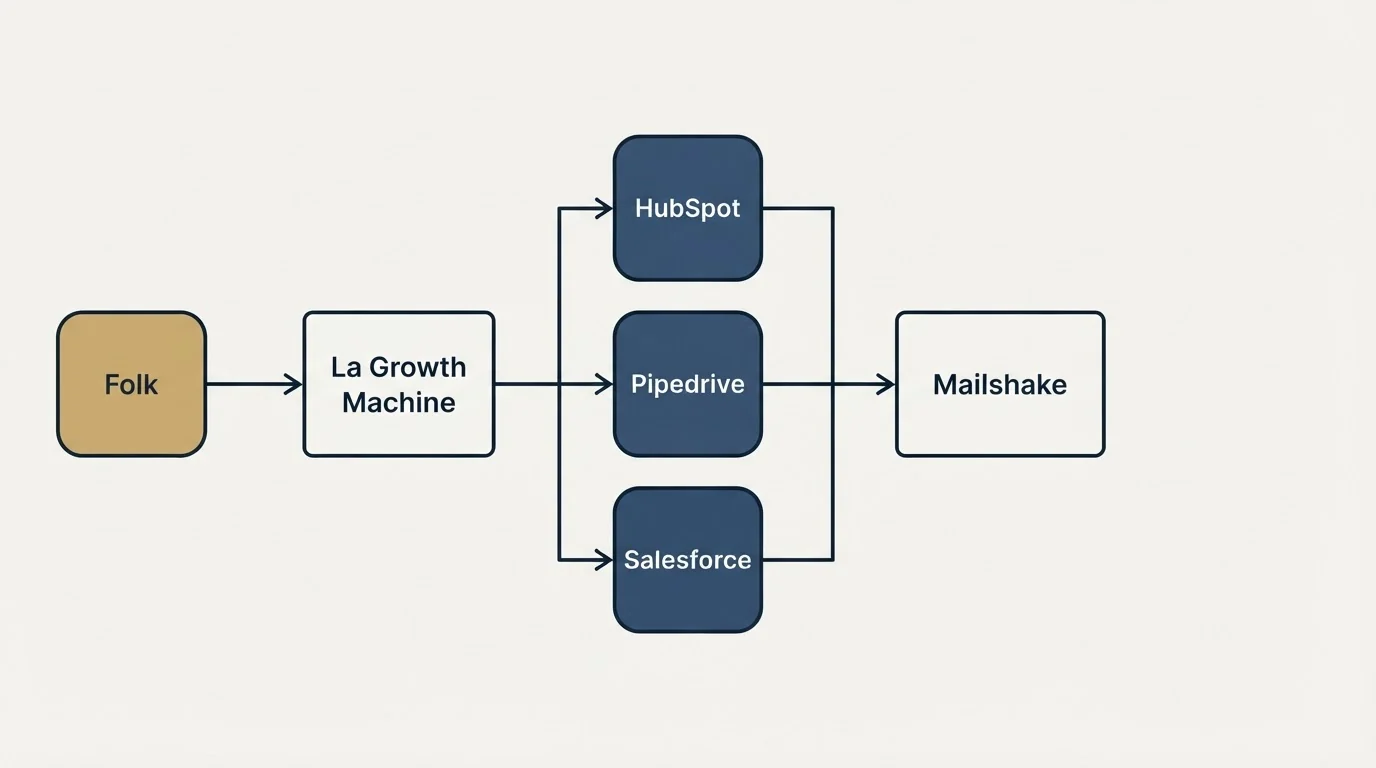 Integration flow: Integration Ecosystem (La Growth Machine, Mailshake, HubSpot, Pipedrive)