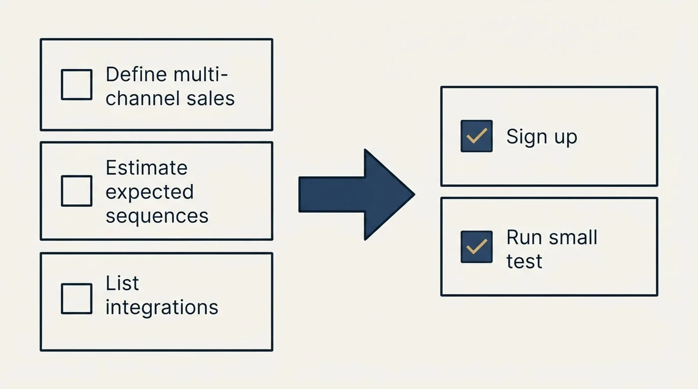 Before-and-after steps: Getting Started Checklist (Define multi-channel sales, Estimate expected sequences, List integrations, Sign up)