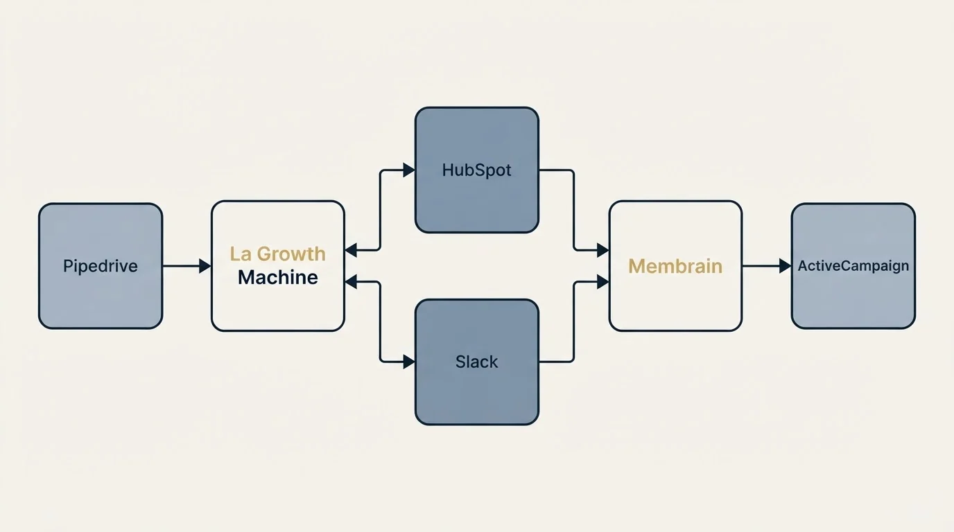 Integration flow: Integration Ecosystem (La Growth Machine, Membrain, HubSpot, Slack)