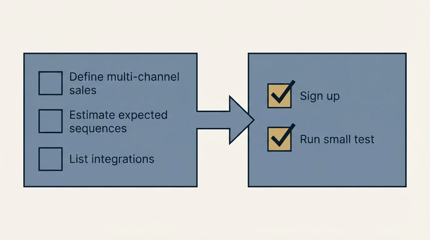Before-and-after steps: Getting Started Checklist (Define multi-channel sales, Estimate expected sequences, List integrations, Sign up)