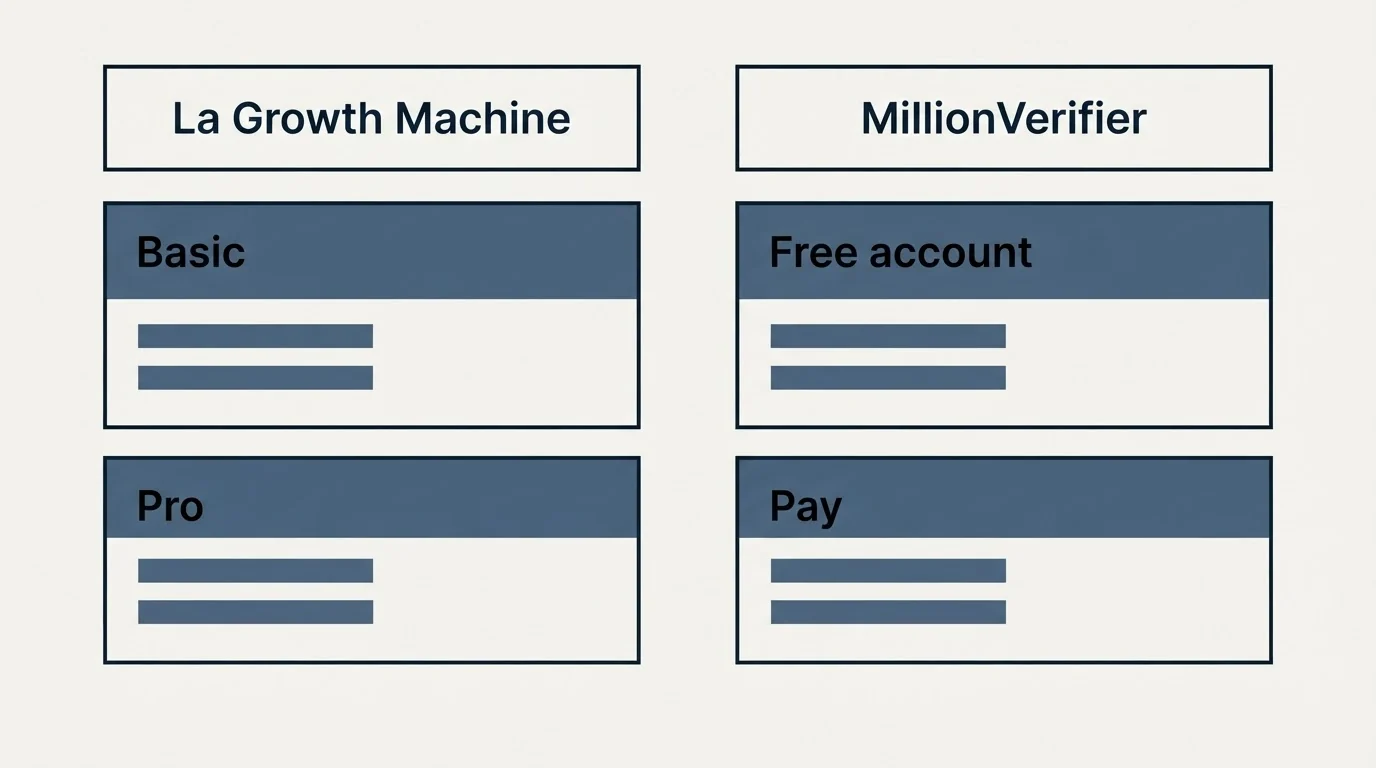 Pricing table: Pricing Comparison (La Growth Machine, MillionVerifier, Basic, Free account)