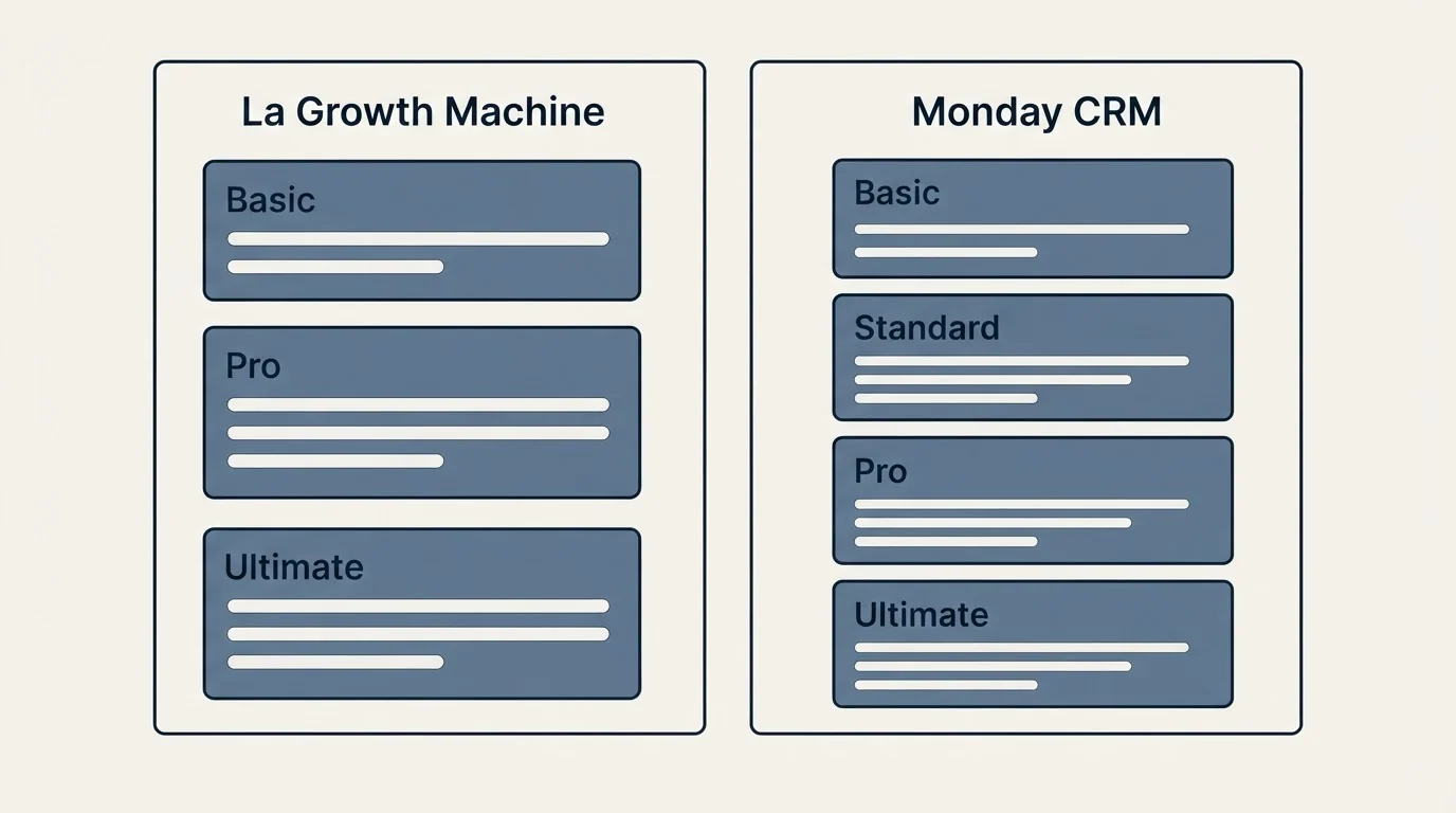 Pricing panels: Pricing Comparison (La Growth Machine, Monday CRM, Basic, Pro)