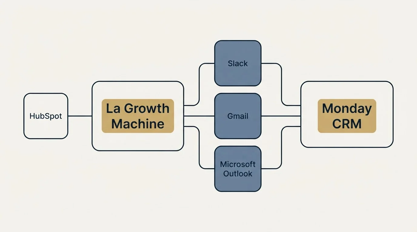 Integration schematic: Integration Ecosystem (La Growth Machine, Monday CRM, Slack, Gmail)