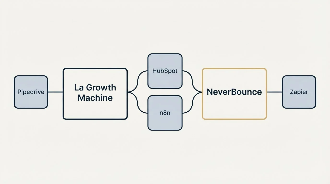 Integration schematic: Integration Ecosystem (La Growth Machine, NeverBounce, HubSpot, n8n)