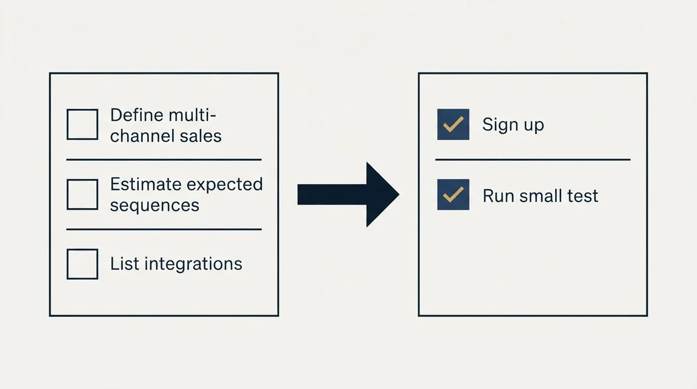 Before-and-after steps: Getting Started Checklist (Define multi-channel sales, Estimate expected sequences, List integrations, Sign up)