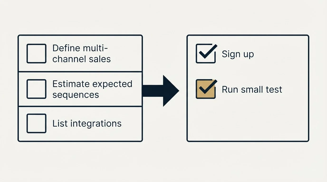 Before-and-after steps: Getting Started Checklist (Define multi-channel sales, Estimate expected sequences, List integrations, Sign up)