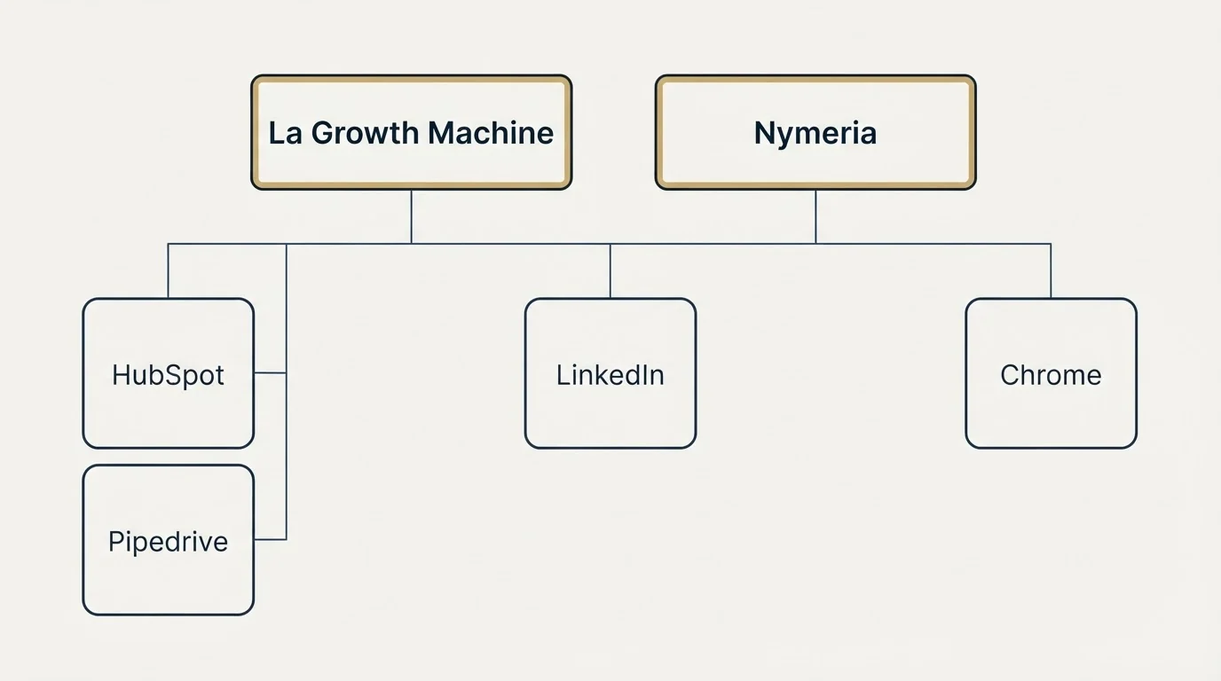 Integration grid: Integration Ecosystem (La Growth Machine, Nymeria, LinkedIn, HubSpot)