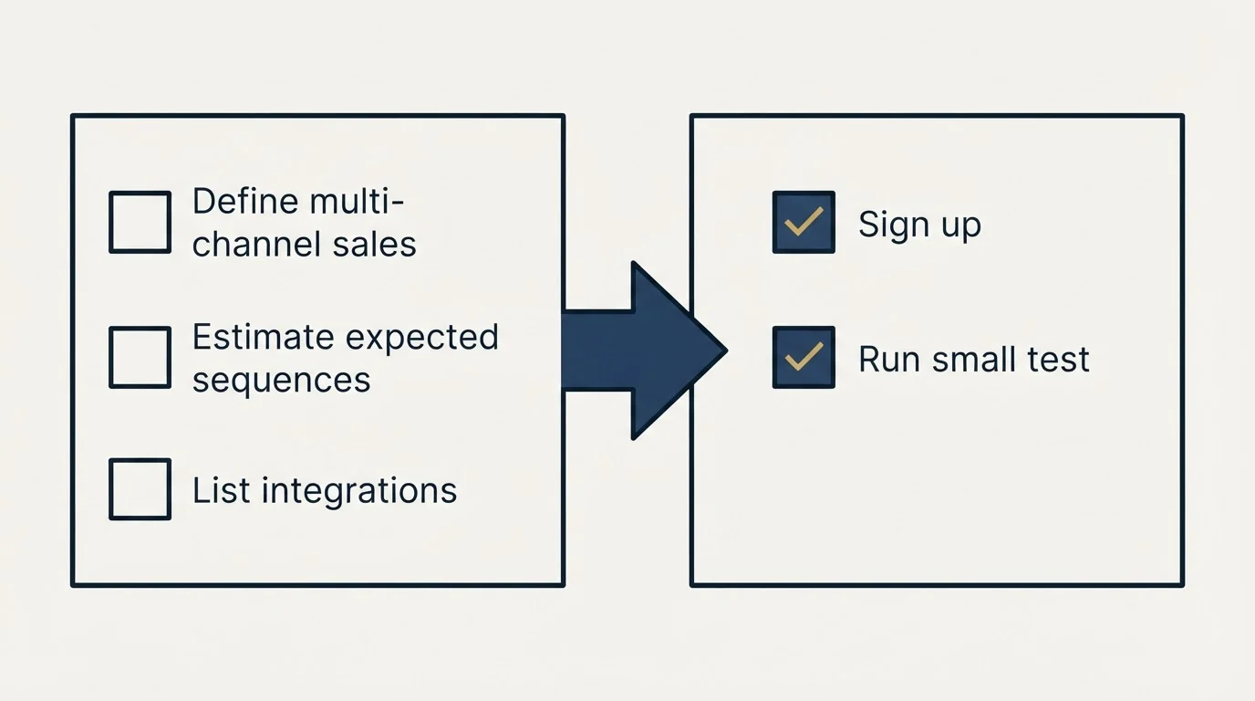 Before-and-after steps: Getting Started Checklist (Define multi-channel sales, Estimate expected sequences, List integrations, Sign up)