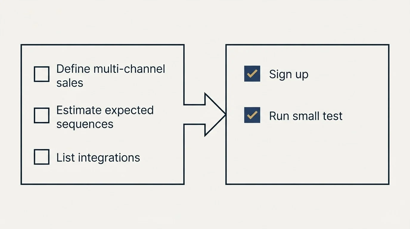 Before-and-after steps: Getting Started Checklist (Define multi-channel sales, Estimate expected sequences, List integrations, Sign up)