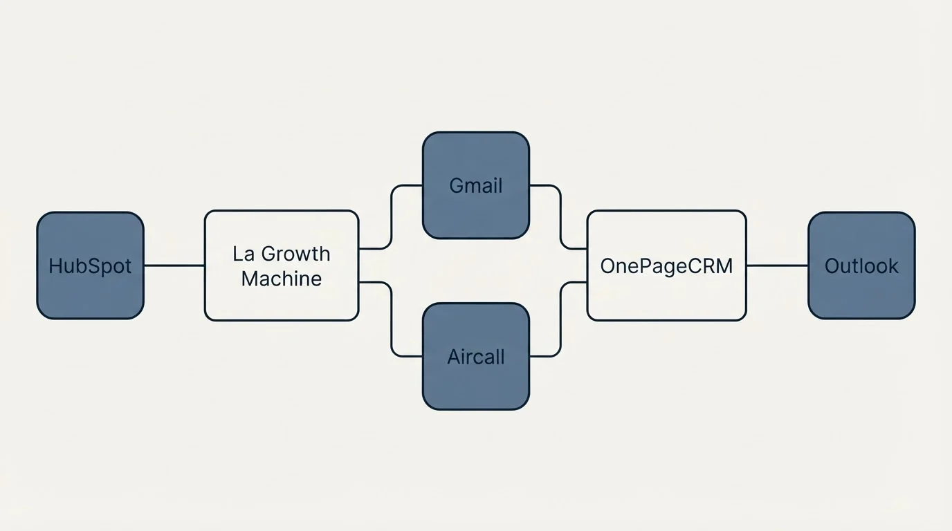 Integration flow: Integration Ecosystem (La Growth Machine, OnePageCRM, Gmail, Aircall)