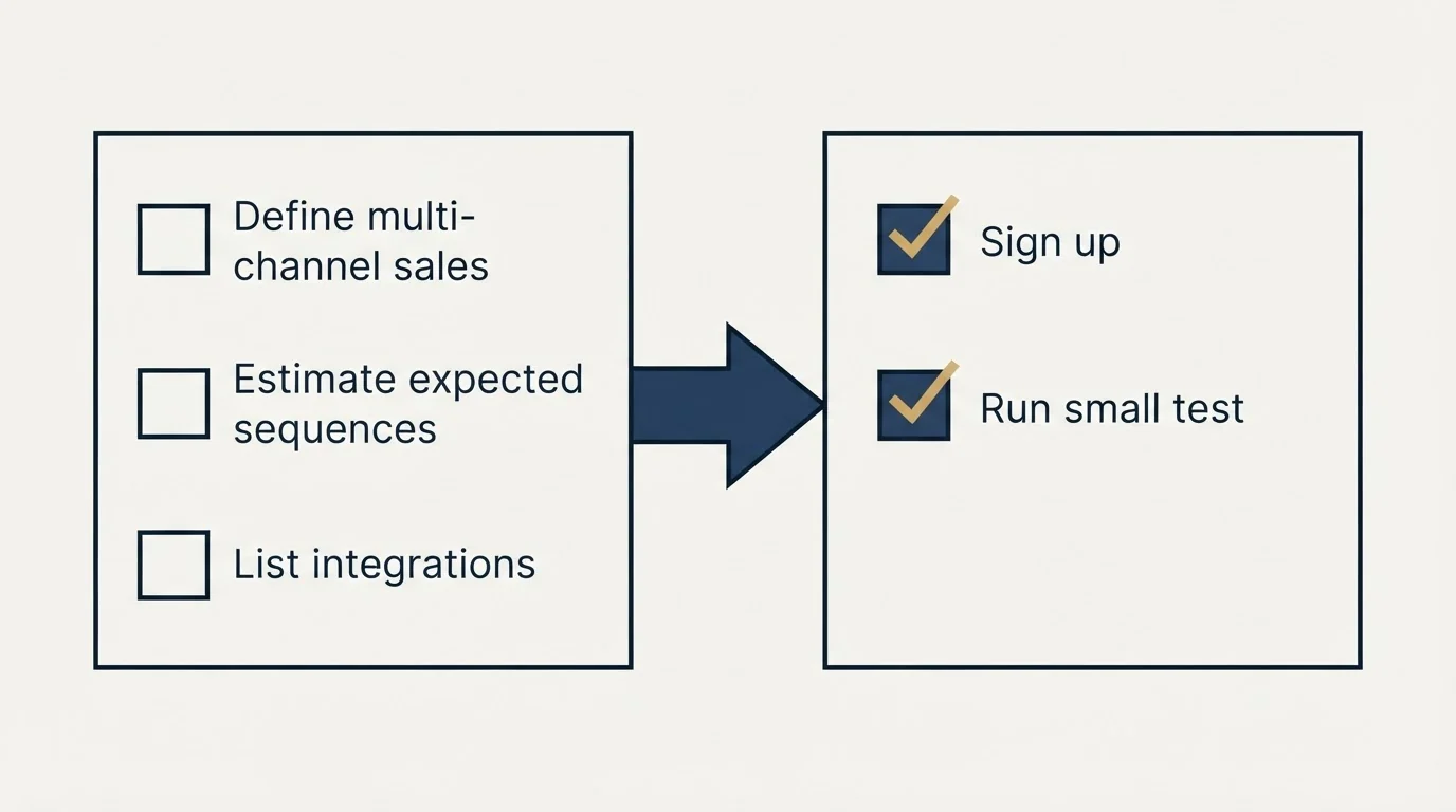 Before-and-after steps: Getting Started Checklist (Define multi-channel sales, Estimate expected sequences, List integrations, Sign up)
