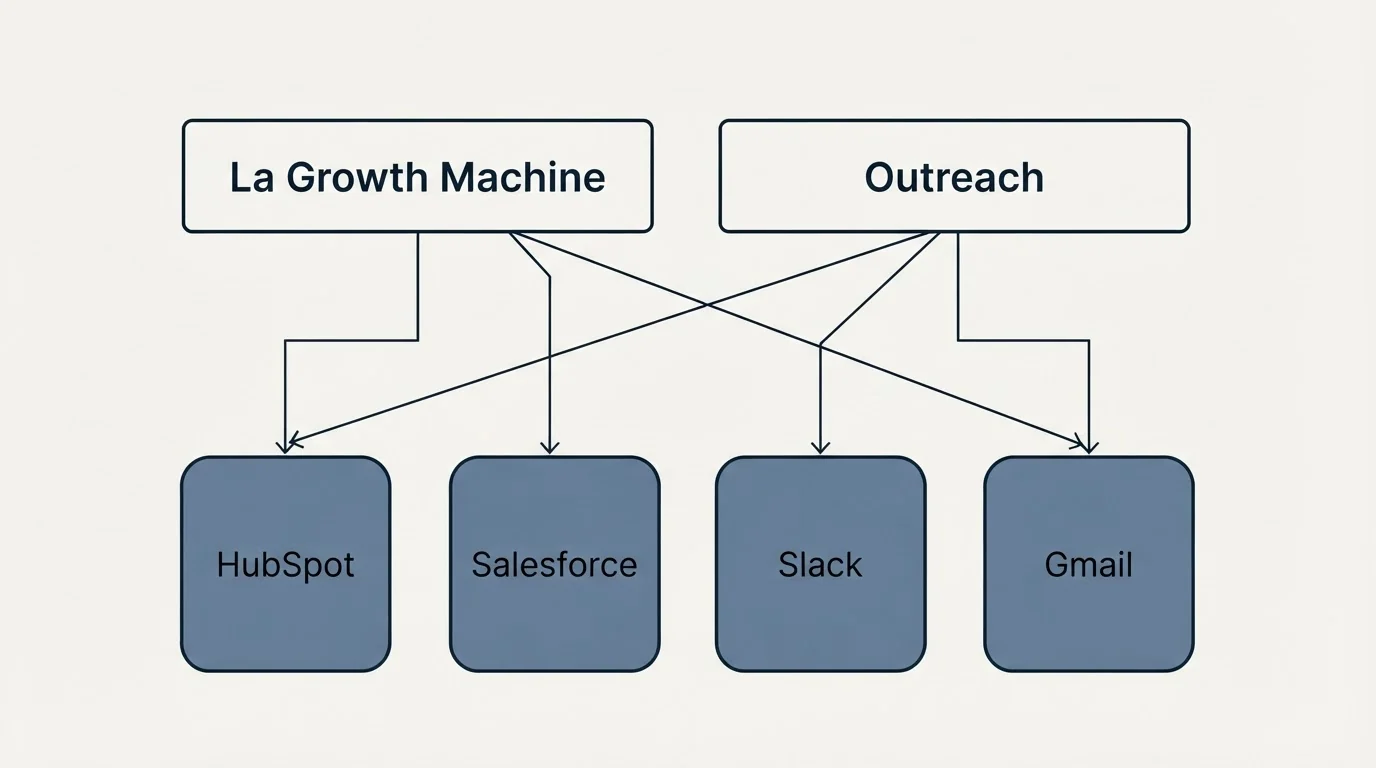 Integration grid: Integration Ecosystem (La Growth Machine, Outreach, HubSpot, Salesforce)