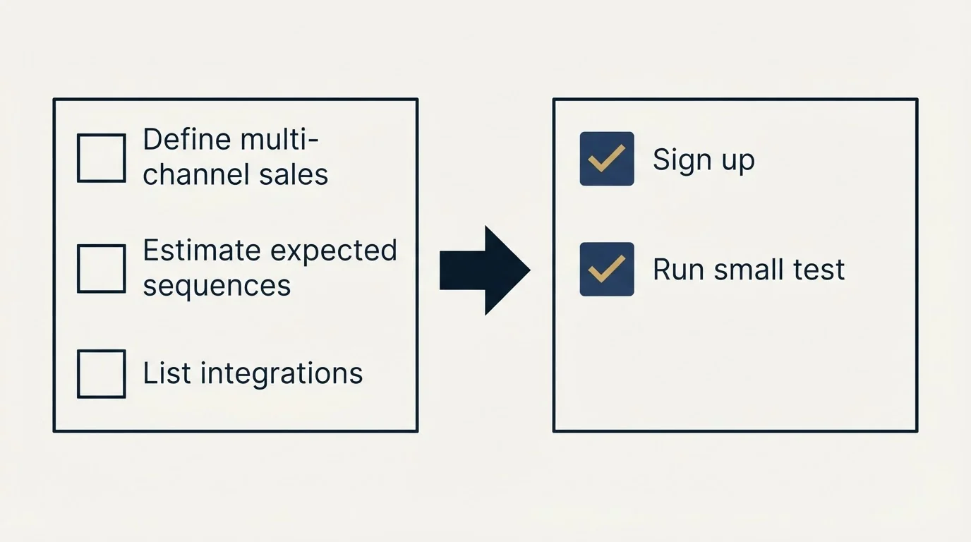 Before-and-after steps: Getting Started Checklist (Define multi-channel sales, Estimate expected sequences, List integrations, Sign up)