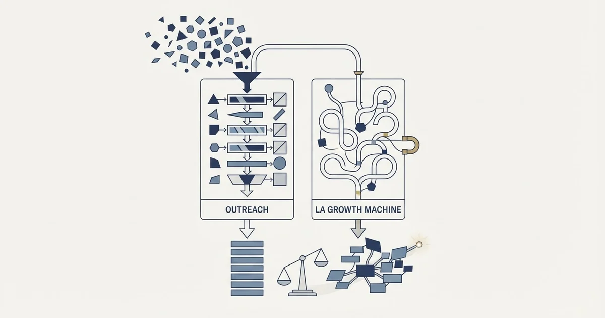 Editorial illustration for La Growth Machine vs Outreach
