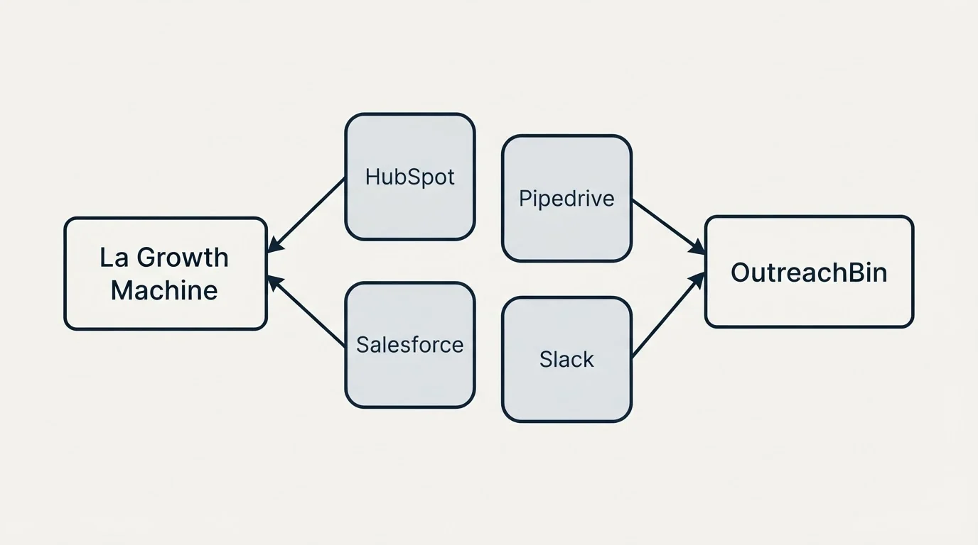 Integration schematic: Integration Ecosystem (La Growth Machine, OutreachBin, HubSpot, Pipedrive)