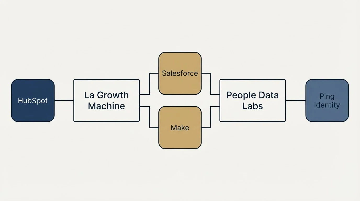 Integration flow: Integration Ecosystem (La Growth Machine, People Data Labs, Salesforce, Make)