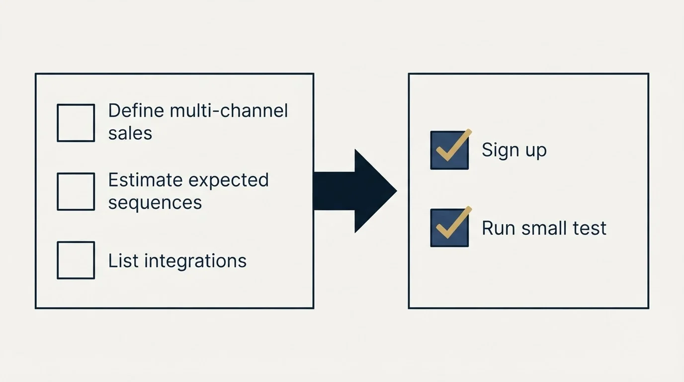 Before-and-after steps: Getting Started Checklist (Define multi-channel sales, Estimate expected sequences, List integrations, Sign up)