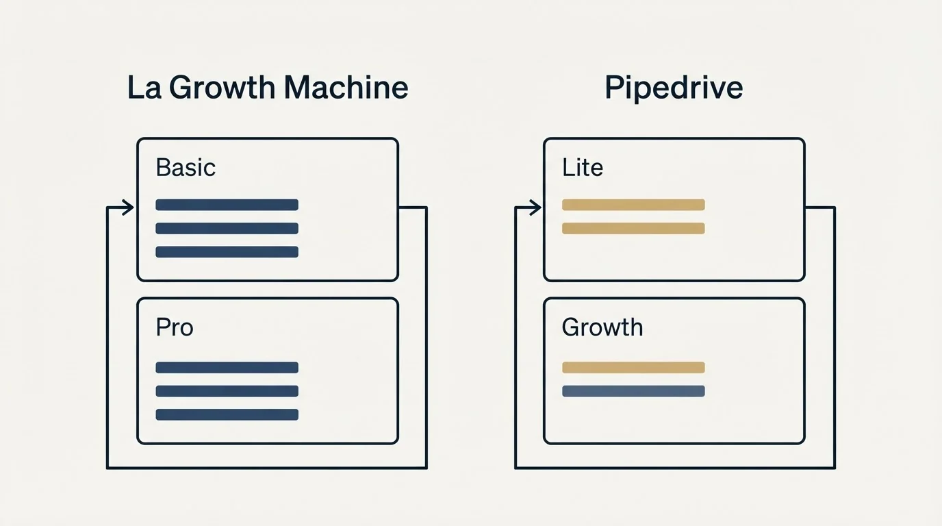 Pricing panels: Pricing Comparison (La Growth Machine, Pipedrive, Basic, Lite)