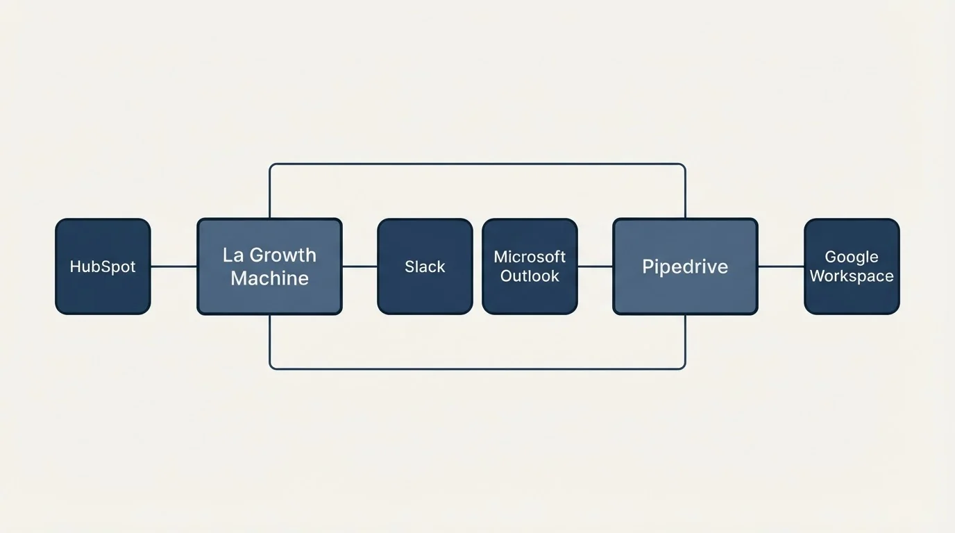 Integration schematic: Integration Ecosystem (La Growth Machine, Pipedrive, Slack, Microsoft Outlook)