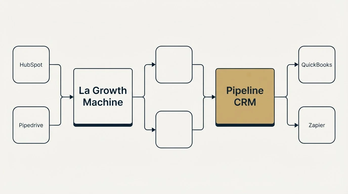 Integration flow: Integration Ecosystem (La Growth Machine, Pipeline CRM, HubSpot, QuickBooks)