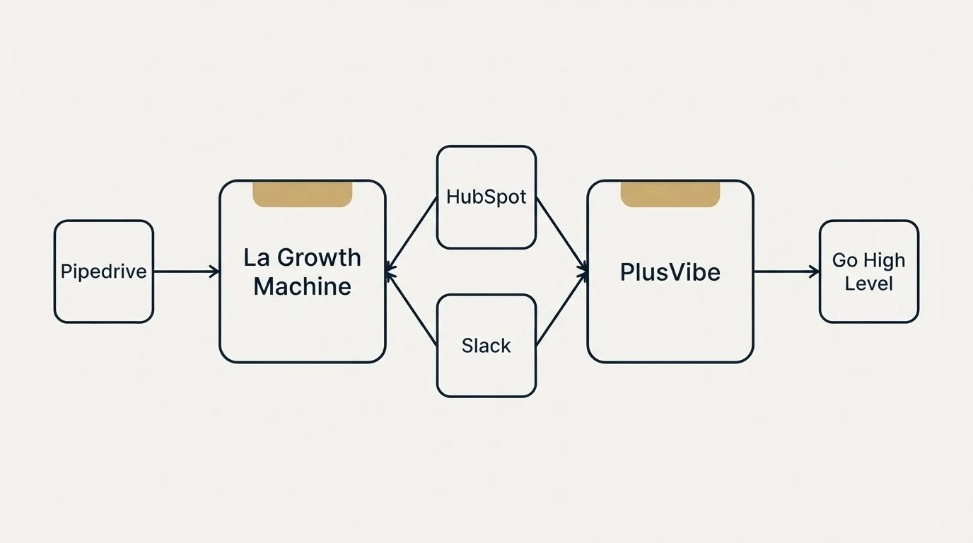 Integration schematic: Integration Ecosystem (La Growth Machine, PlusVibe, HubSpot, Slack)