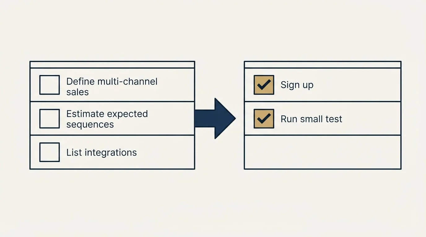 Before-and-after steps: Getting Started Checklist (Define multi-channel sales, Estimate expected sequences, List integrations, Sign up)