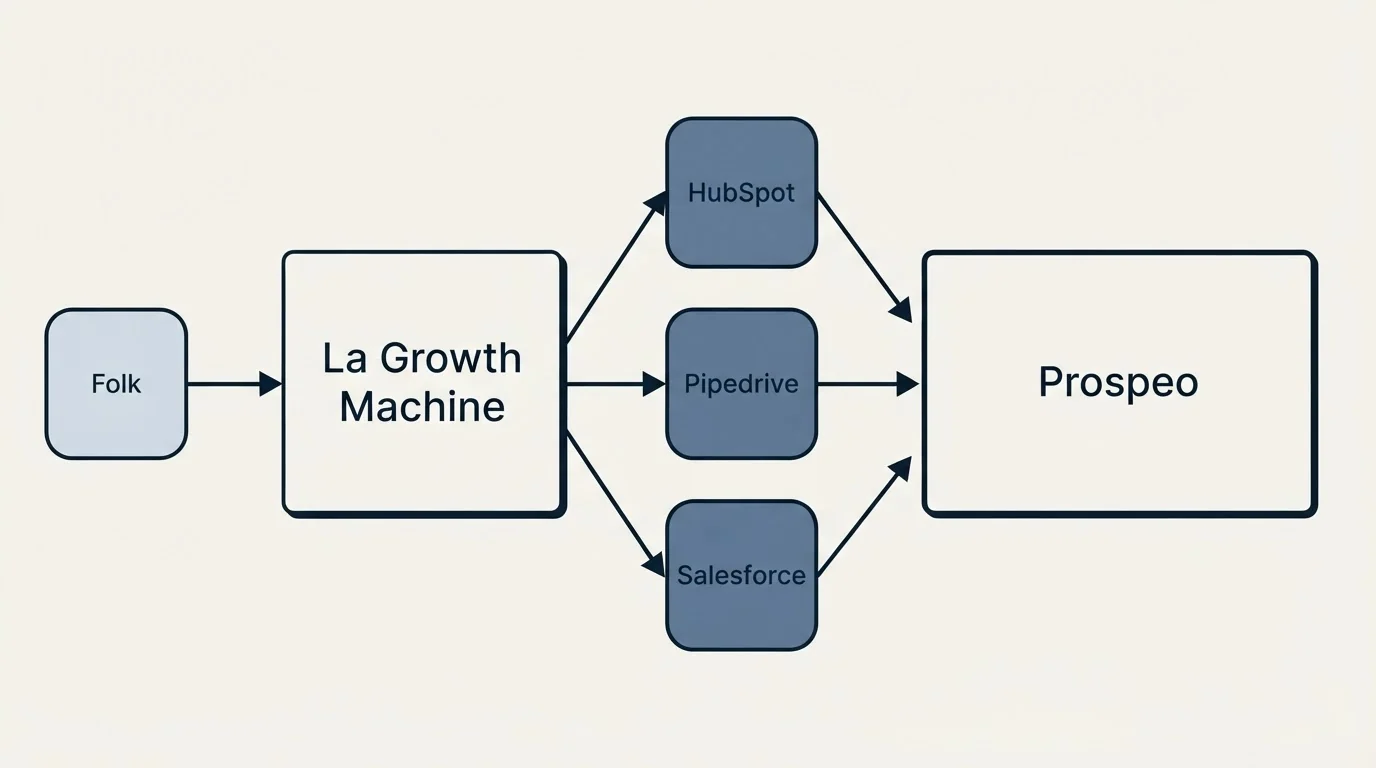 Integration flow: Integration Ecosystem (La Growth Machine, Prospeo, HubSpot, Pipedrive)