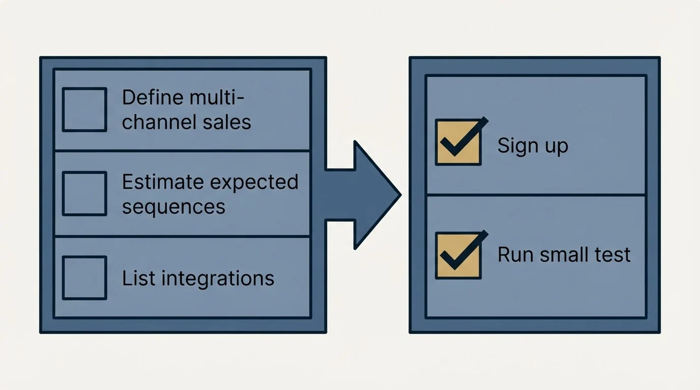 Before-and-after steps: Getting Started Checklist (Define multi-channel sales, Estimate expected sequences, List integrations, Sign up)