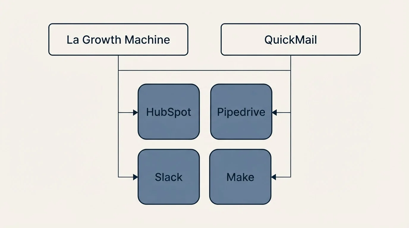 Integration grid: Integration Ecosystem (La Growth Machine, QuickMail, HubSpot, Pipedrive)