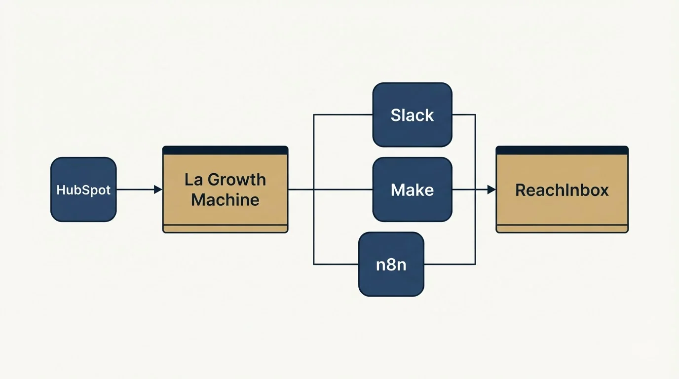 Integration flow: Integration Ecosystem (La Growth Machine, ReachInbox, Slack, Make)