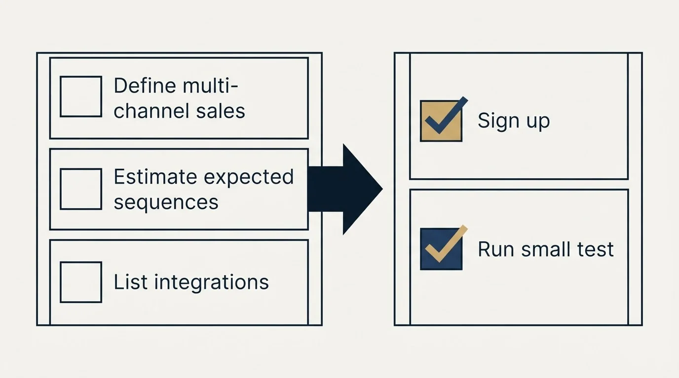 Before-and-after steps: Getting Started Checklist (Define multi-channel sales, Estimate expected sequences, List integrations, Sign up)