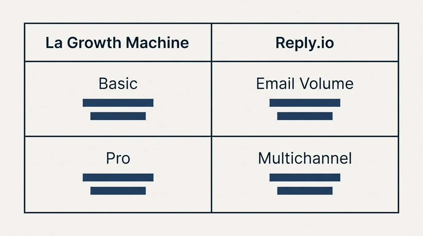 Pricing table: Pricing Comparison (La Growth Machine, Reply.io, Basic, Email Volume)