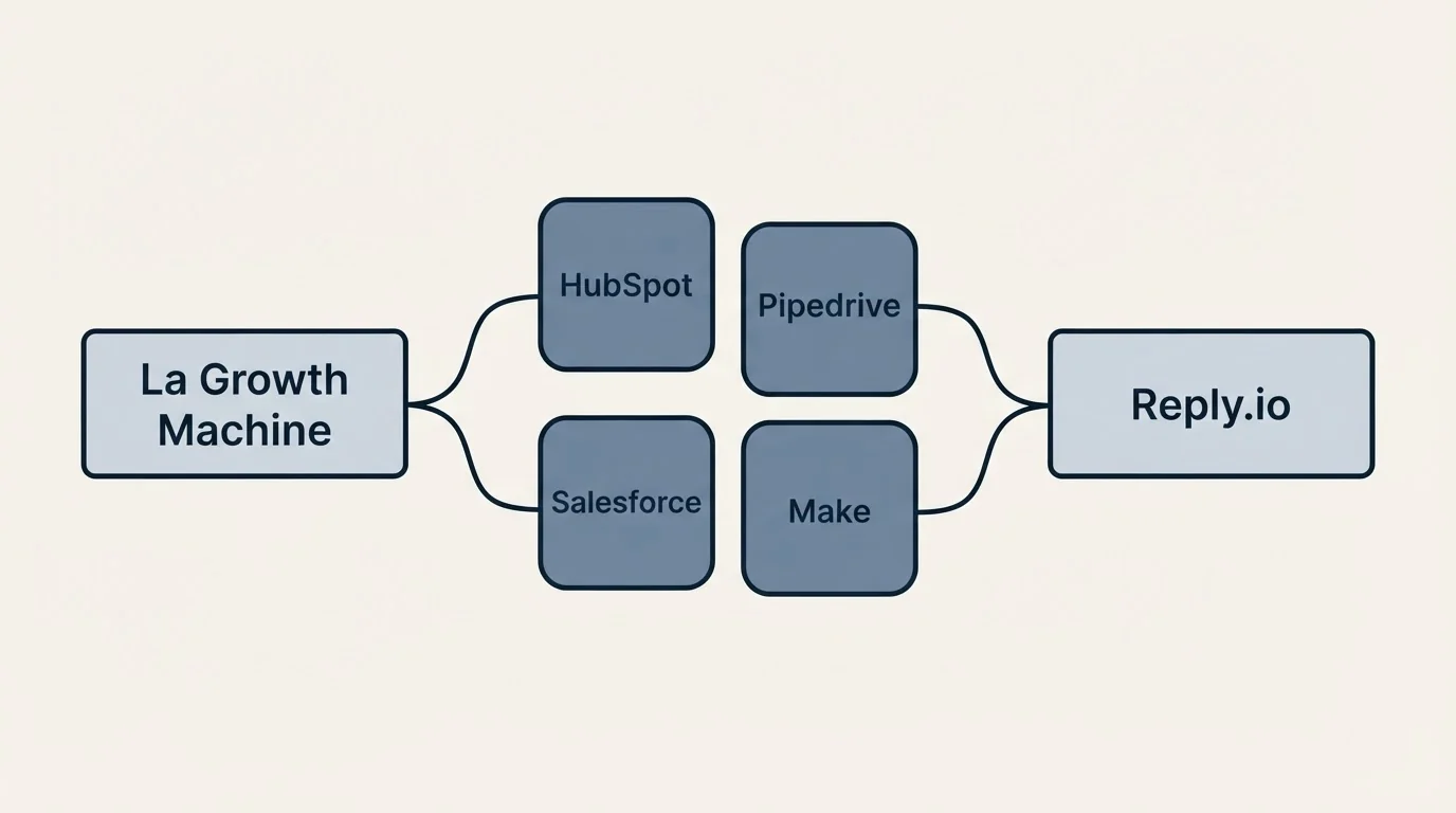 Integration schematic: Integration Ecosystem (La Growth Machine, Reply.io, HubSpot, Pipedrive)