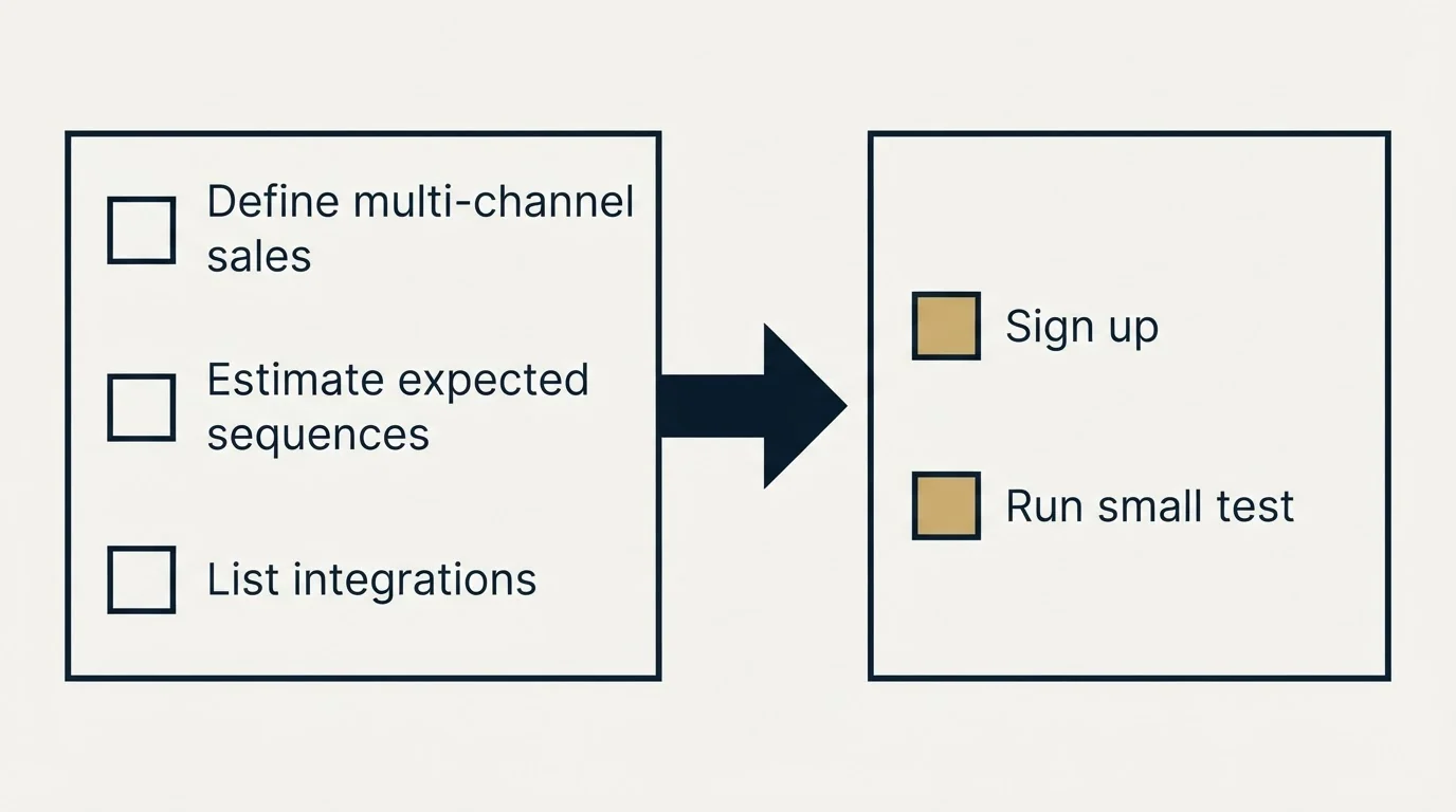 Before-and-after steps: Getting Started Checklist (Define multi-channel sales, Estimate expected sequences, List integrations, Sign up)