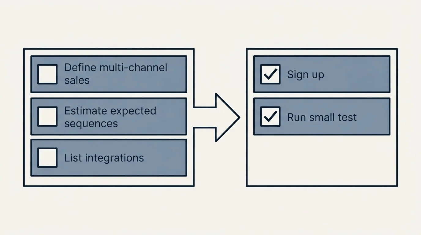 Before-and-after steps: Getting Started Checklist (Define multi-channel sales, Estimate expected sequences, List integrations, Sign up)