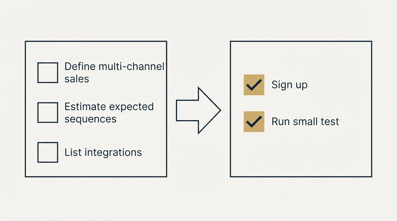 Before-and-after steps: Getting Started Checklist (Define multi-channel sales, Estimate expected sequences, List integrations, Sign up)