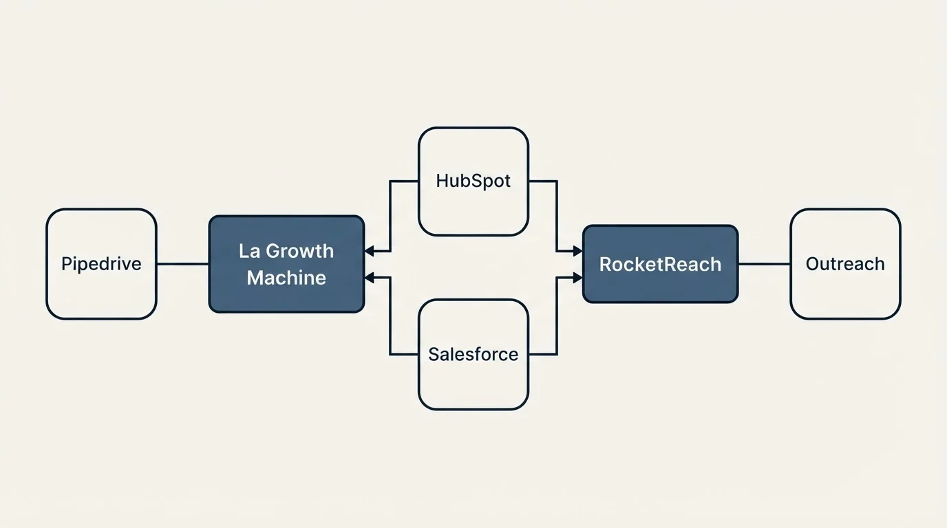Integration flow: Integration Ecosystem (La Growth Machine, RocketReach, HubSpot, Salesforce)