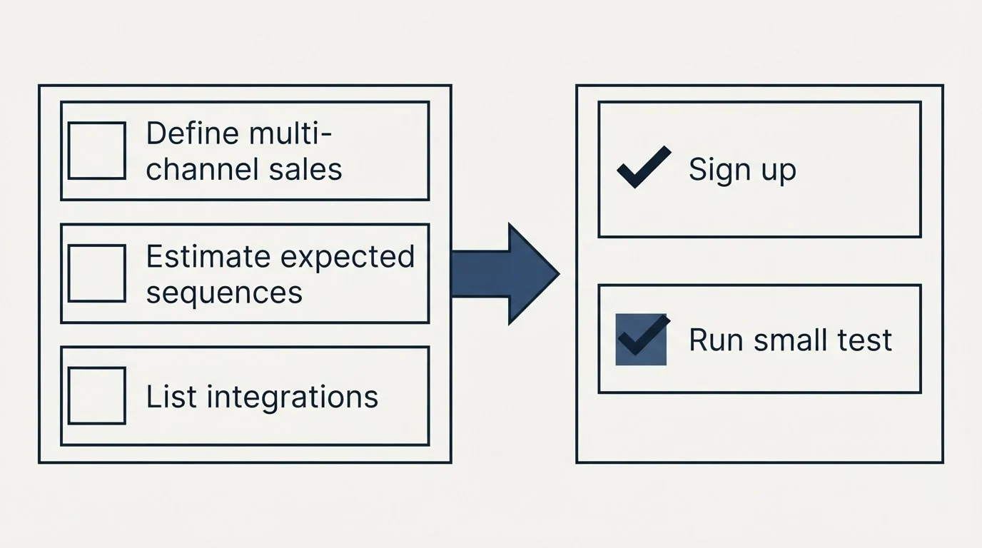 Before-and-after steps: Getting Started Checklist (Define multi-channel sales, Estimate expected sequences, List integrations, Sign up)
