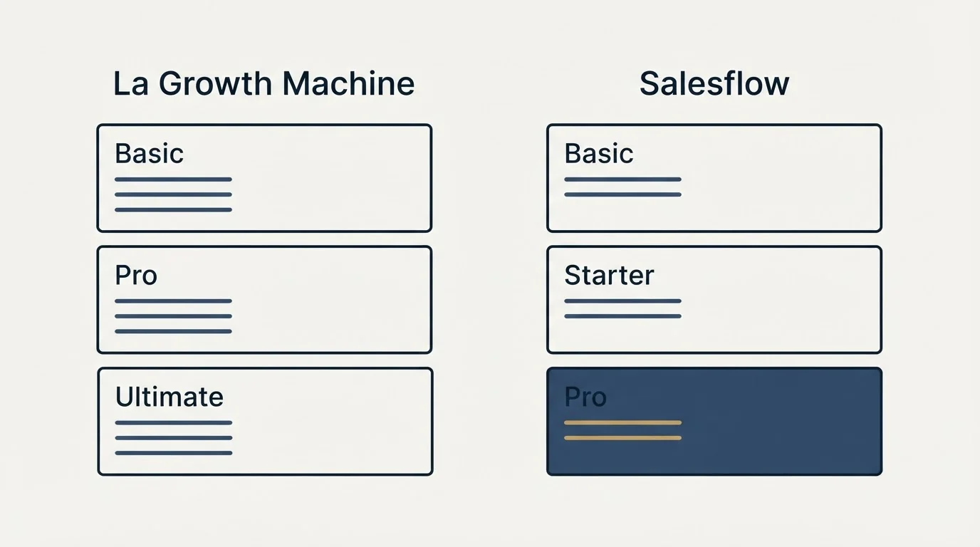 Pricing panels: Pricing Comparison (La Growth Machine, Salesflow, Basic, Pro)